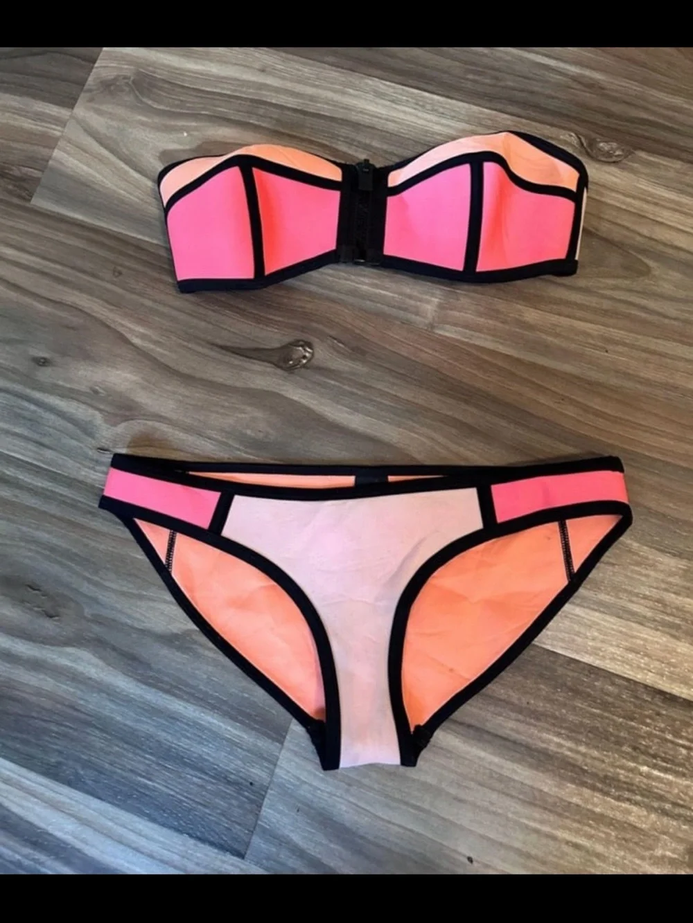 triangl swimwear Pink and Coral Neoprene Bikini Set with Matching Bag